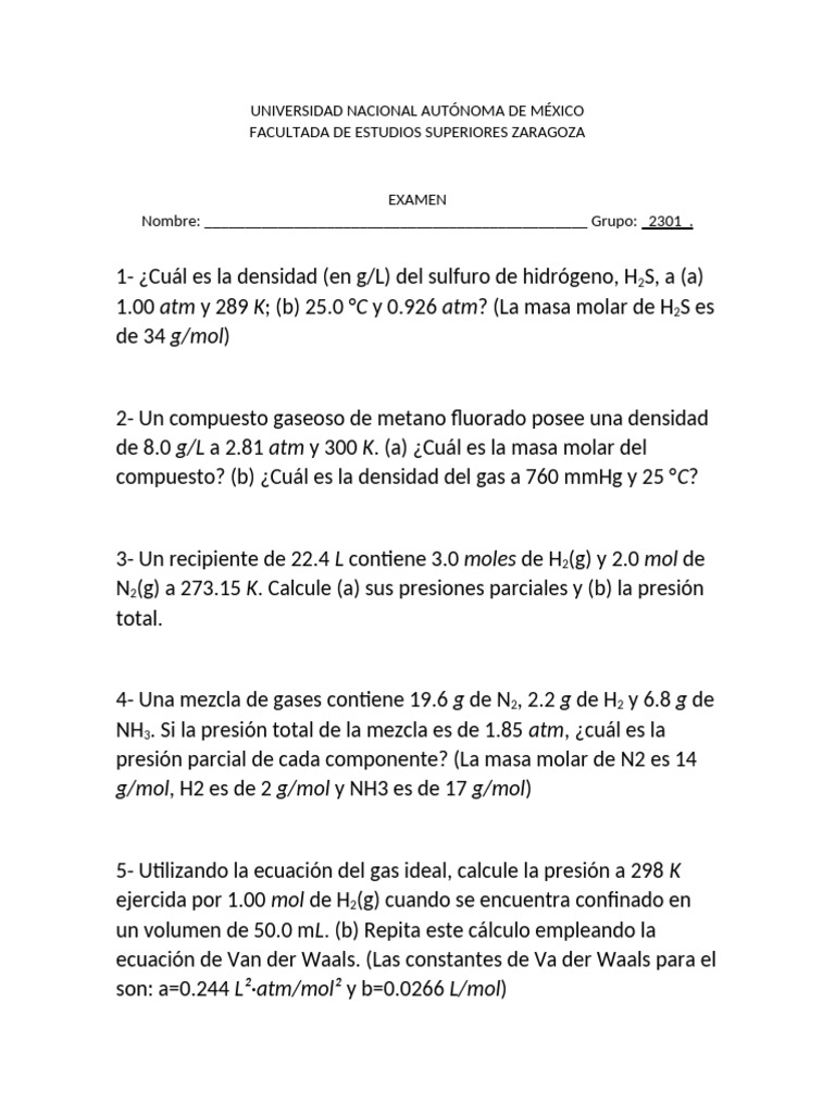 Ejercicio de Densidad y Presiones de Gases | PDF | Gases | Mole (Unidad)