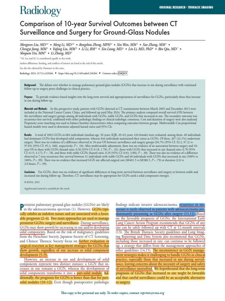 Liu Et Al 2025 Comparison of 10 Year Survival Outcomes Between Ct ...