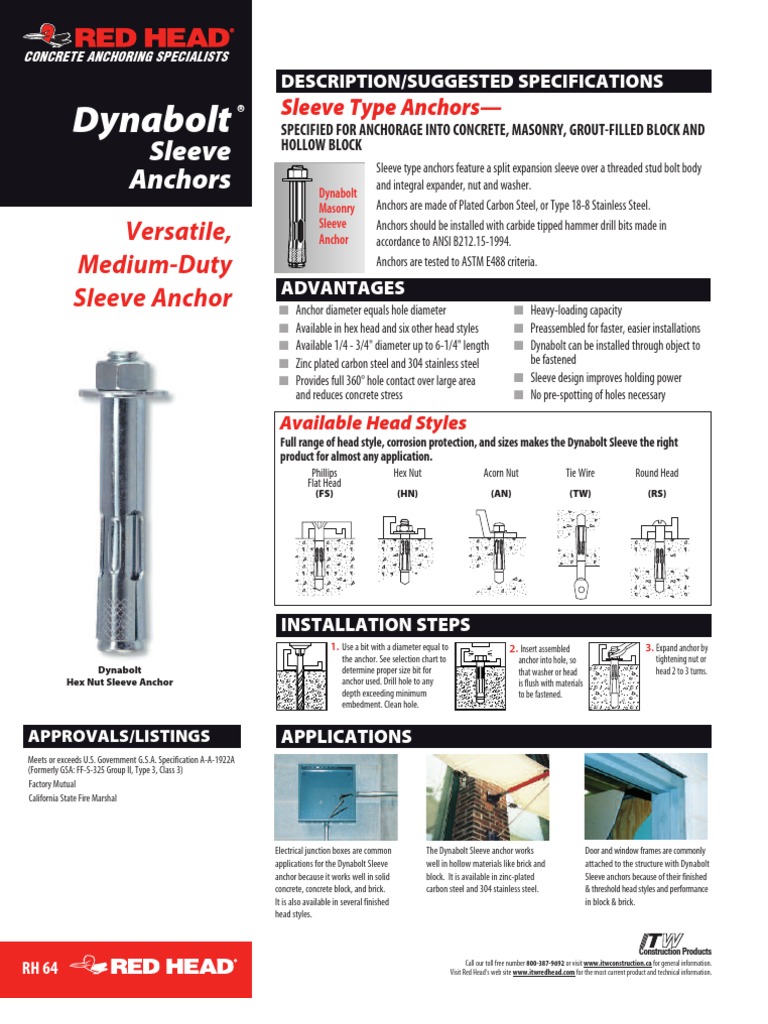 ITW Dynabolt Sleeve Anchor PDF Screw Building Materials