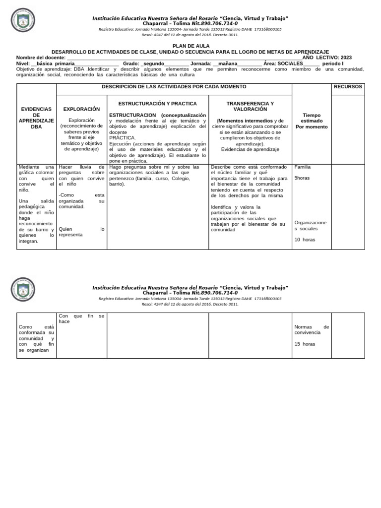 Plan de Aula para Segundo Grado Sociales | PDF | Aprendizaje | Salón de ...