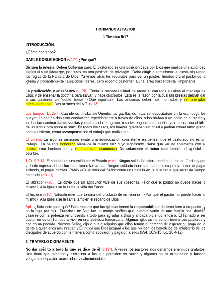 Honra y Apoyo al Pastor en la Iglesia | PDF