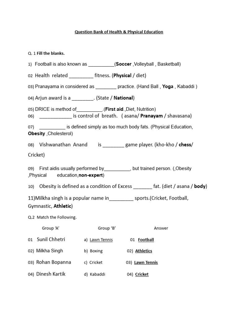 Health & Physical Education Question Bank | PDF | Sports