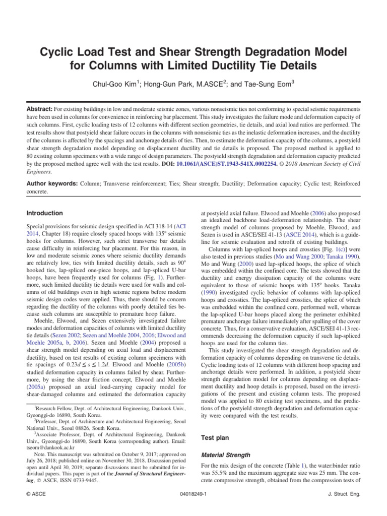 Shear Strength Model for Ductile Columns | PDF | Strength Of Materials ...