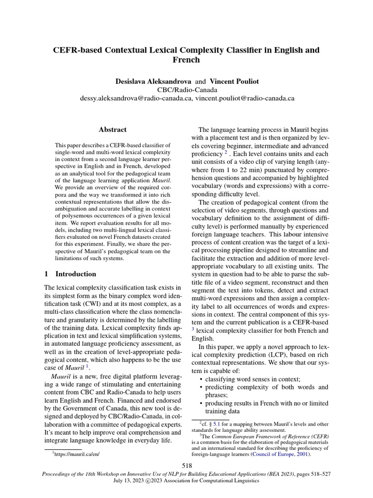 CEFR Lexical Complexity Classifier | PDF | Statistical Classification ...