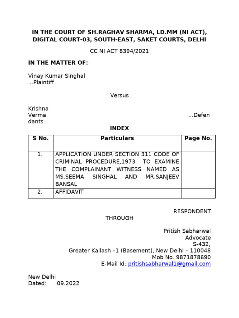 Application to Examine Witnesses in NI Act Case | PDF | Affidavit ...