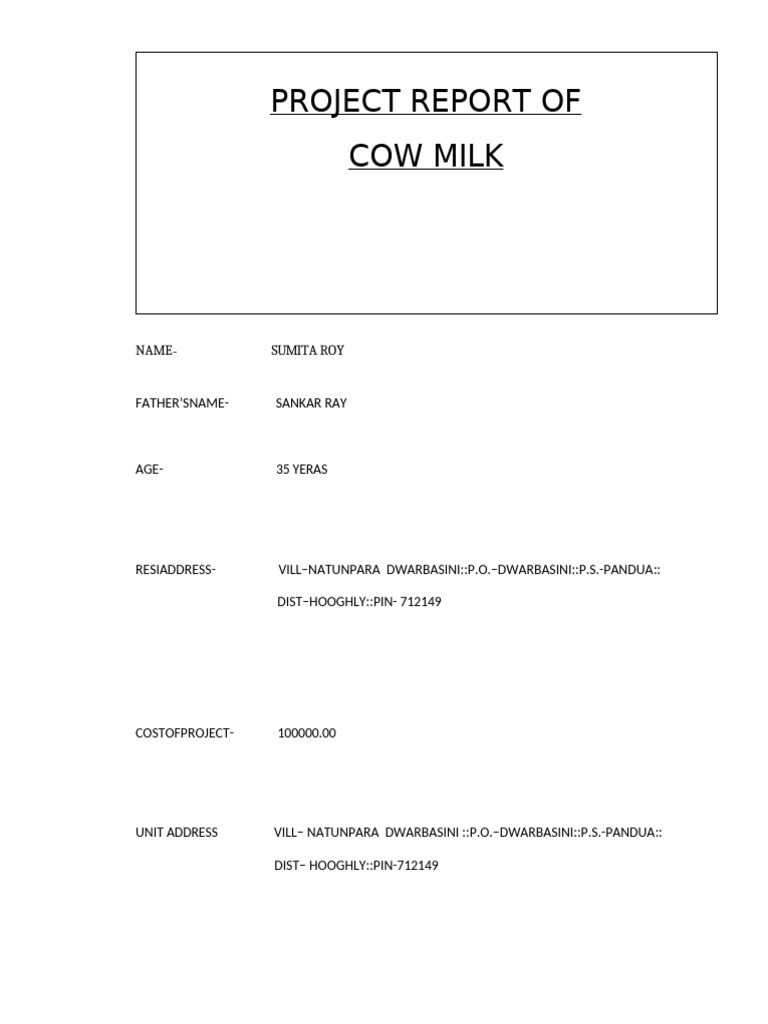 Cow Milk Project Report by Sumita Roy | PDF