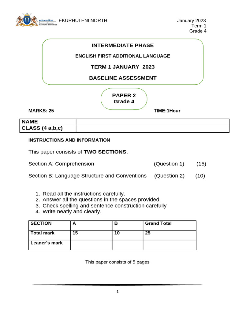 Grade 4 English Assessment January 2023 | PDF | Grammatical Tense | Verb