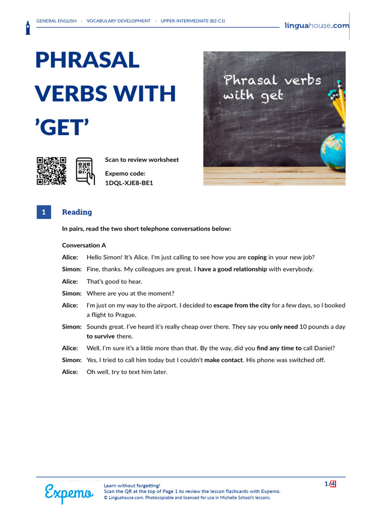 Phrasal Verbs with 'Get' Worksheet | PDF | Linguistics | Learning