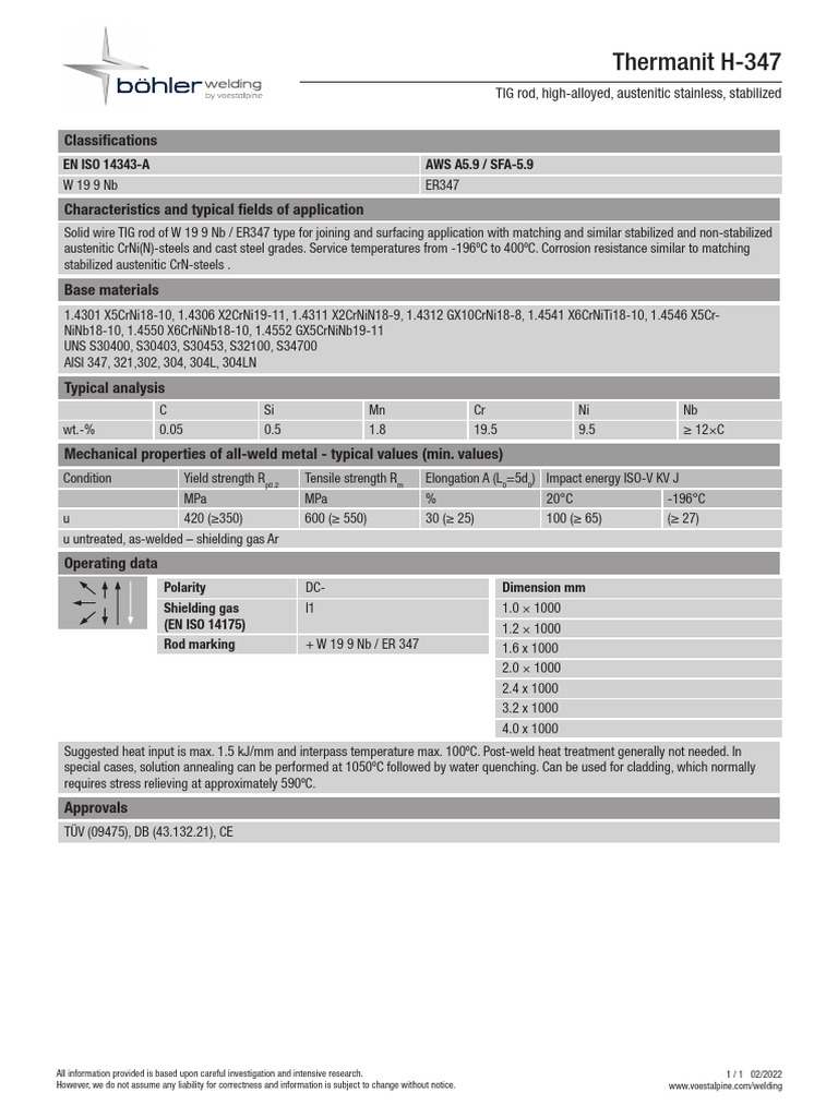 Thermanit H-347 TIG Rod Specifications | PDF | Secondary Sector Of The ...