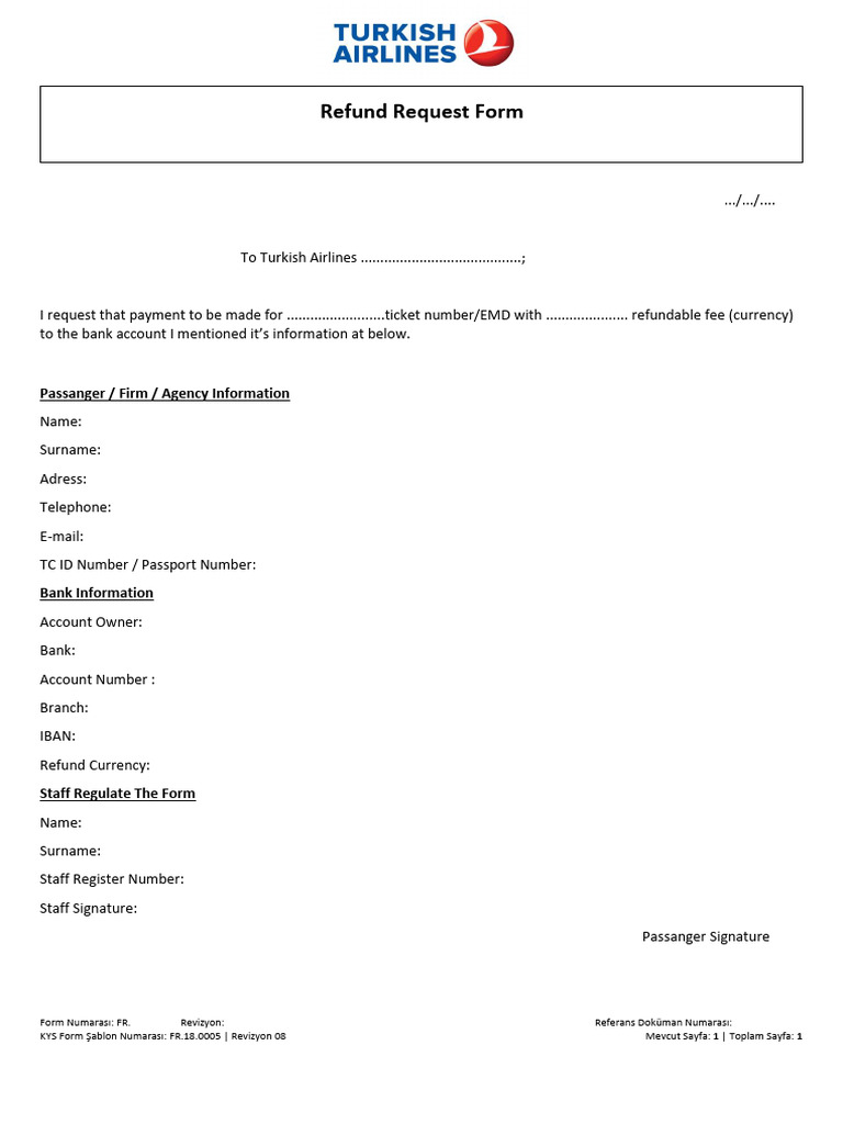 Turkish Airlines Refund Request Form | PDF