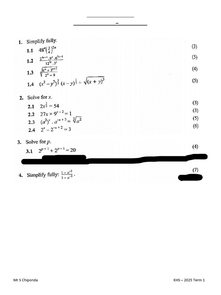Grade 11 Math Exponents & Surds Test | PDF
