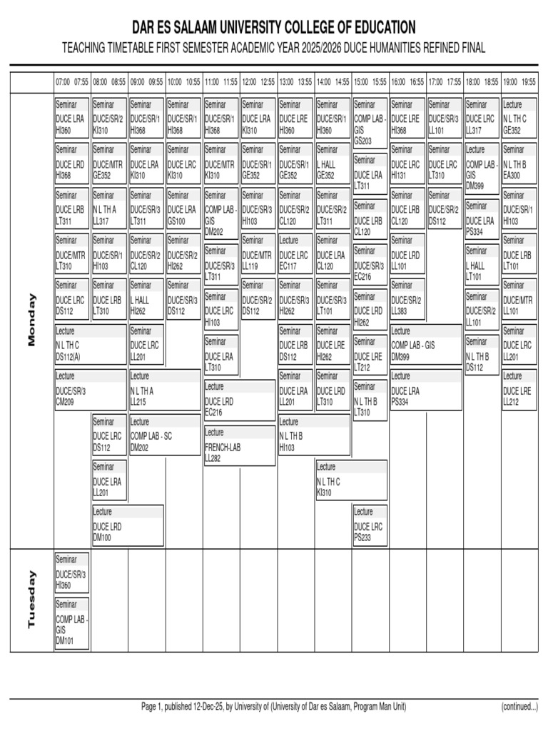 DUCE 2025/2026 First Semester Timetable | PDF