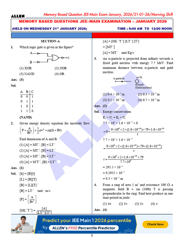 JEE Main Physics Memory-Based Questions | PDF | Electronvolt | Physics