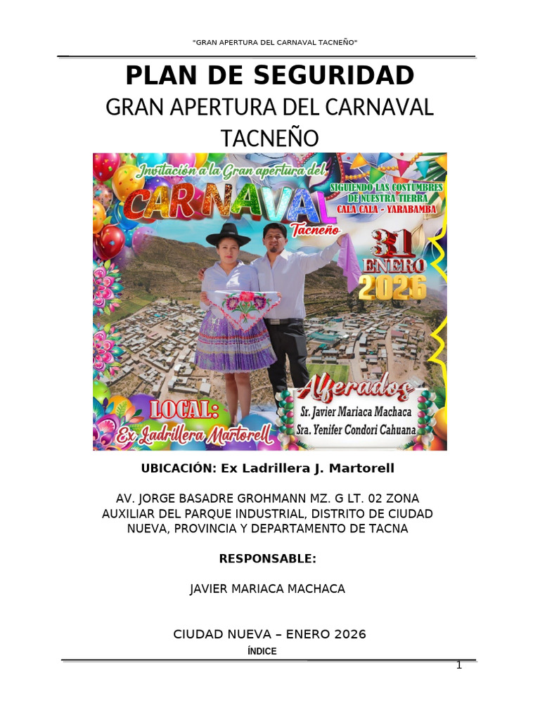 Plan de Seguridad Carnaval Tacneño 2026 | PDF | Herida | Quemar