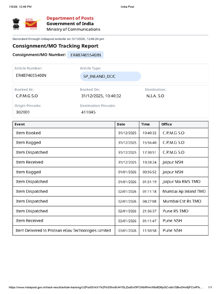 India Post Consignment Tracking Report | PDF
