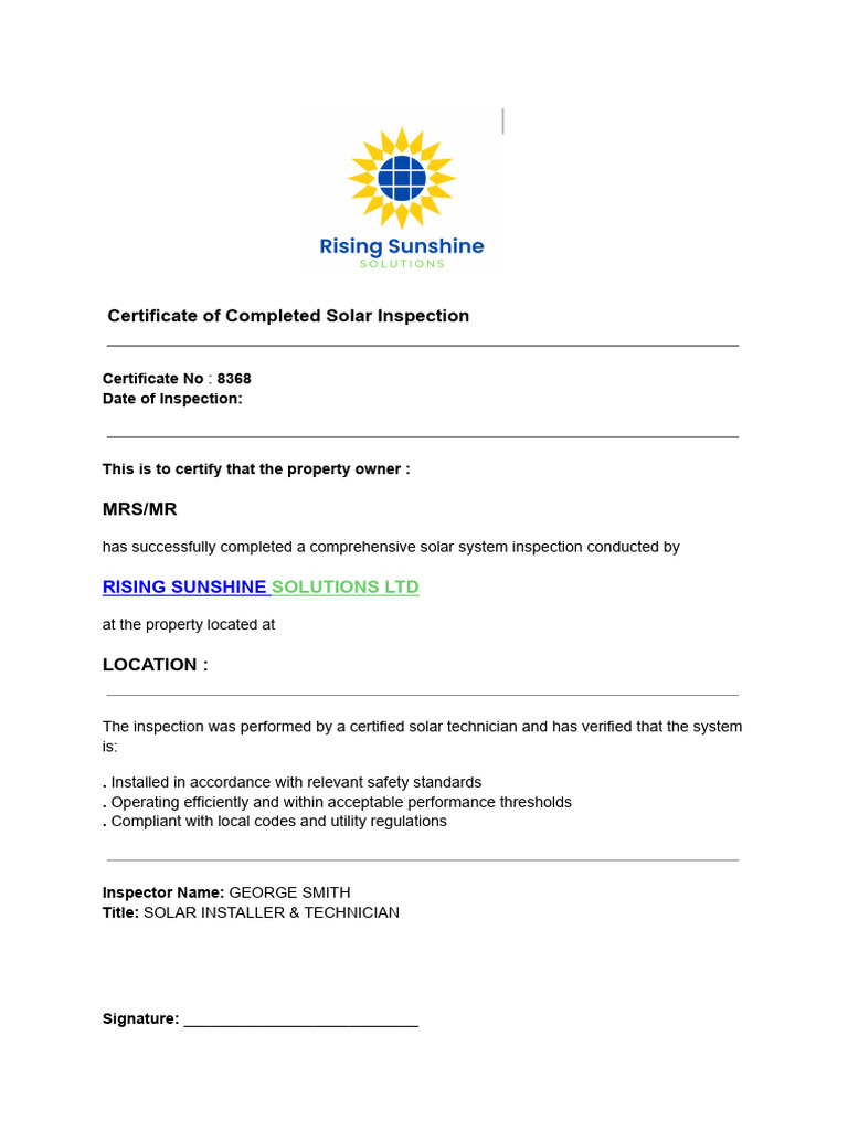Solar Inspection Completion Certificate | PDF