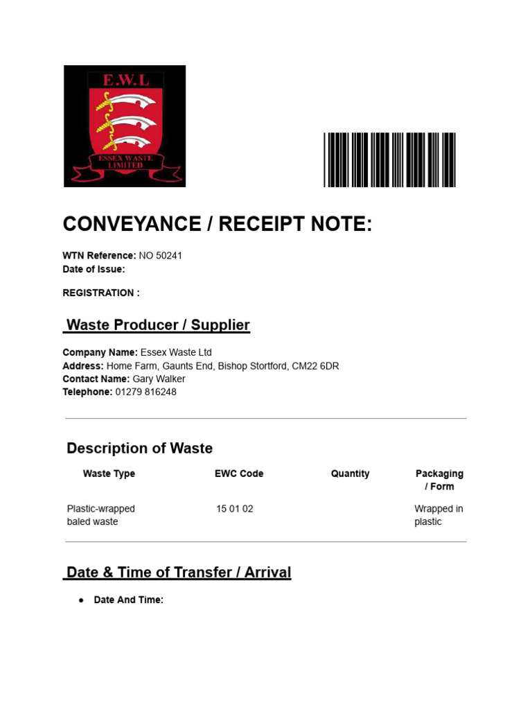 Waste Transfer Receipt for Essex Waste | PDF