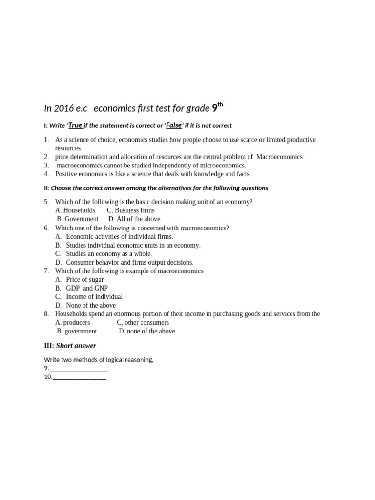 Economics Test for Grade 9 | PDF