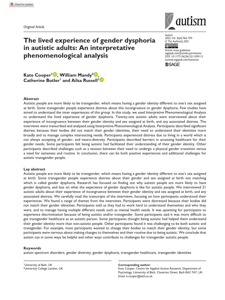 Gender Dysphoria in Autistic Adults | PDF | Transgender | LGBTQIA+ Studies