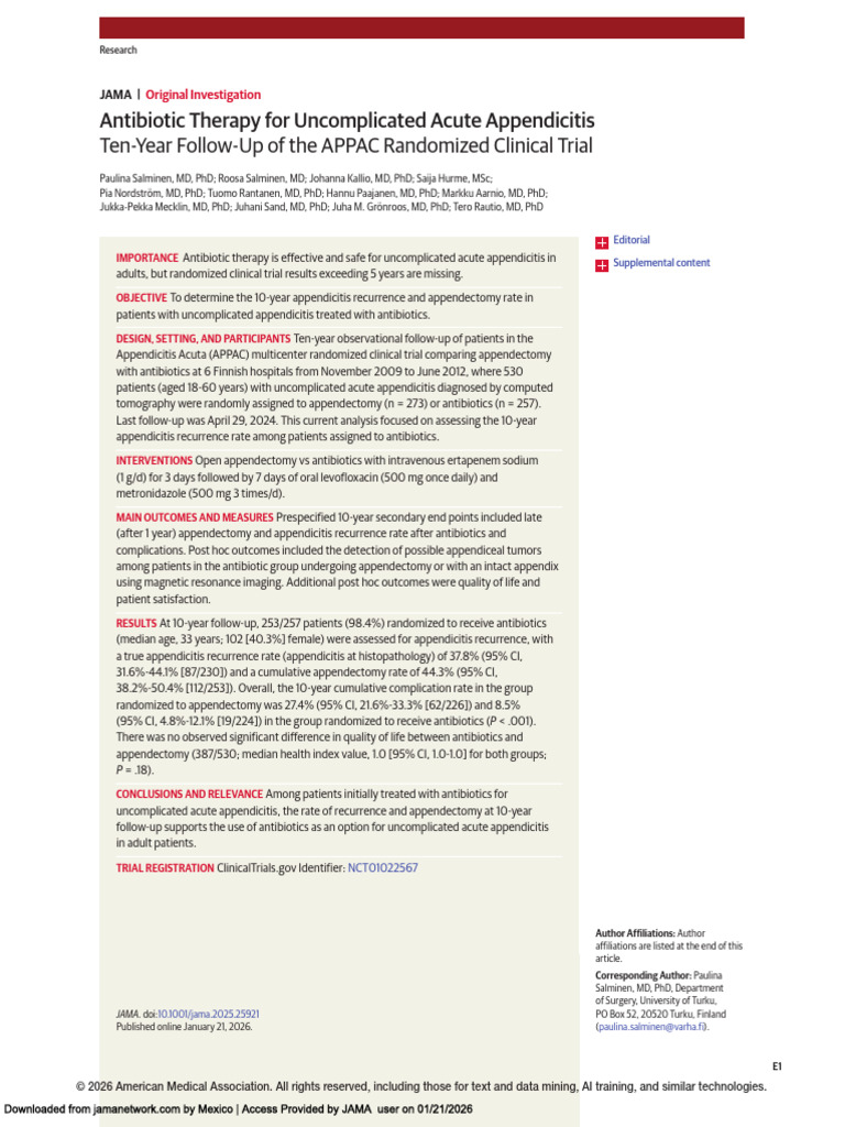 10-Year Outcomes of Antibiotic Appendicitis Treatment | PDF | Magnetic ...