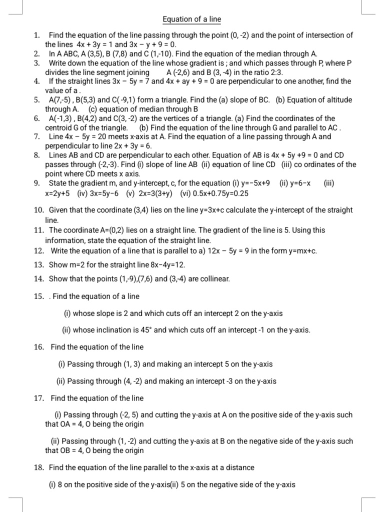 Line Equation Problems and Solutions | PDF | Line (Geometry) | Slope