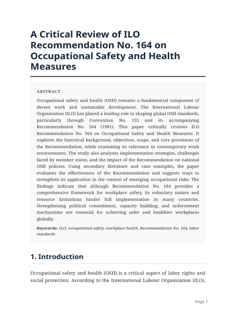 Review of ILO Recommendation 164 on OSH | PDF | Occupational Safety And ...