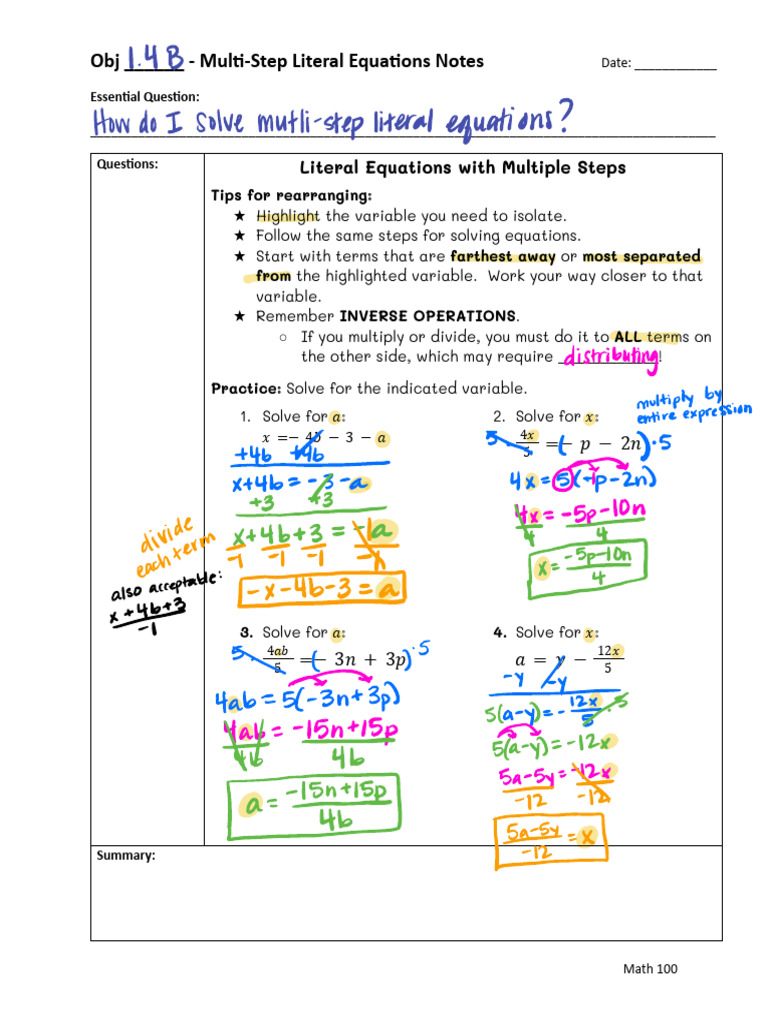 Multi-Step Literal Equations Guide | PDF