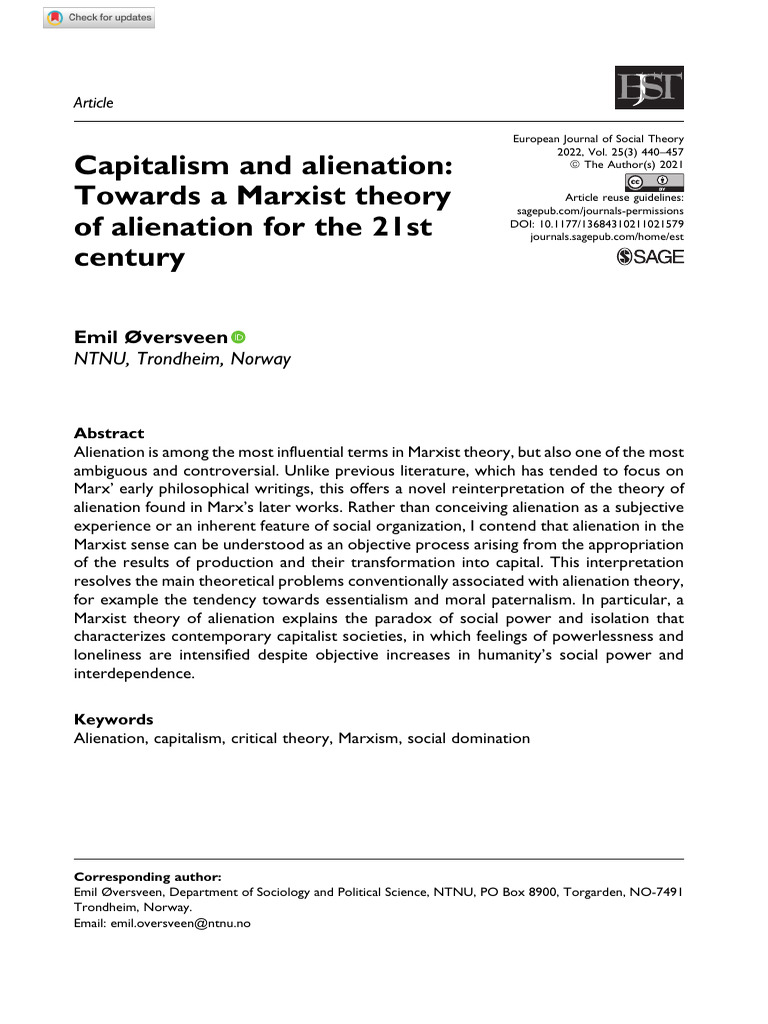 Oversveen 2021 Capitalism and Alienation Towards A Marxist Theory of ...