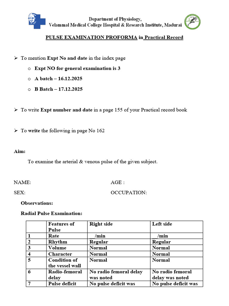 Pulse Examination_notes for Practical Record | PDF | Pulse | Atrium (Heart)