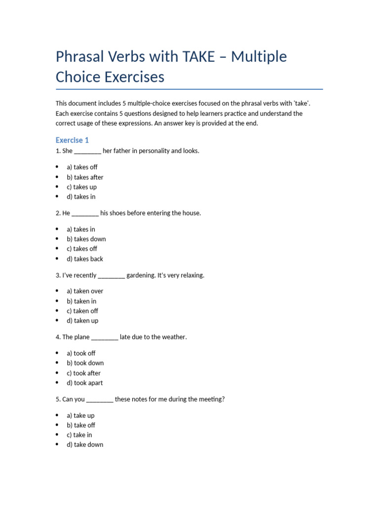 Phrasal Verbs with TAKE: Exercises | PDF