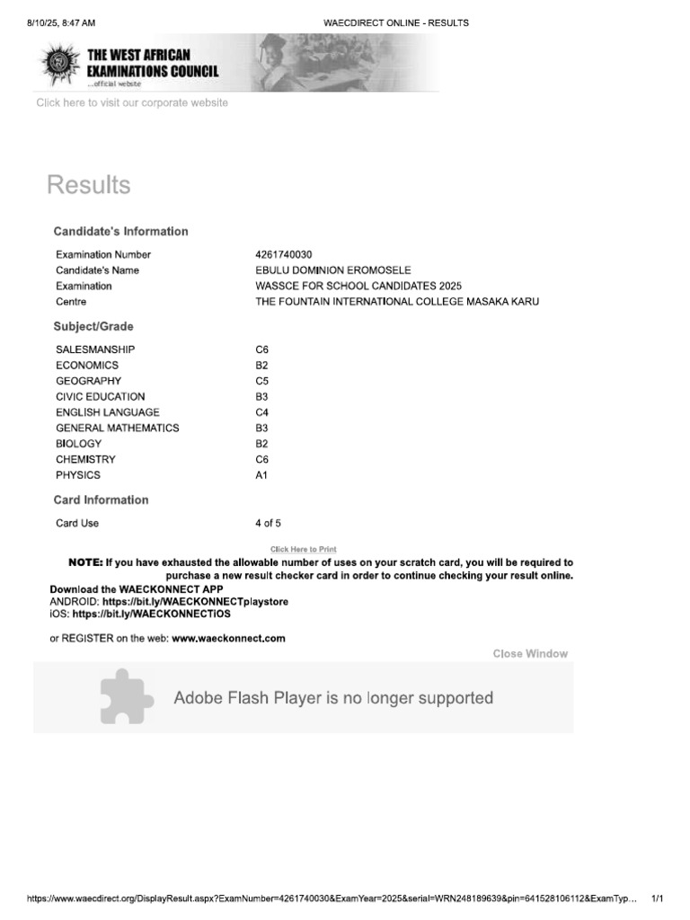 WAEC Result 2025 | PDF