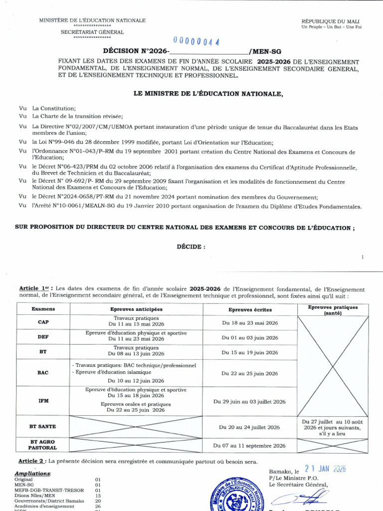 Decision Dates Examens 2026 - ML | PDF