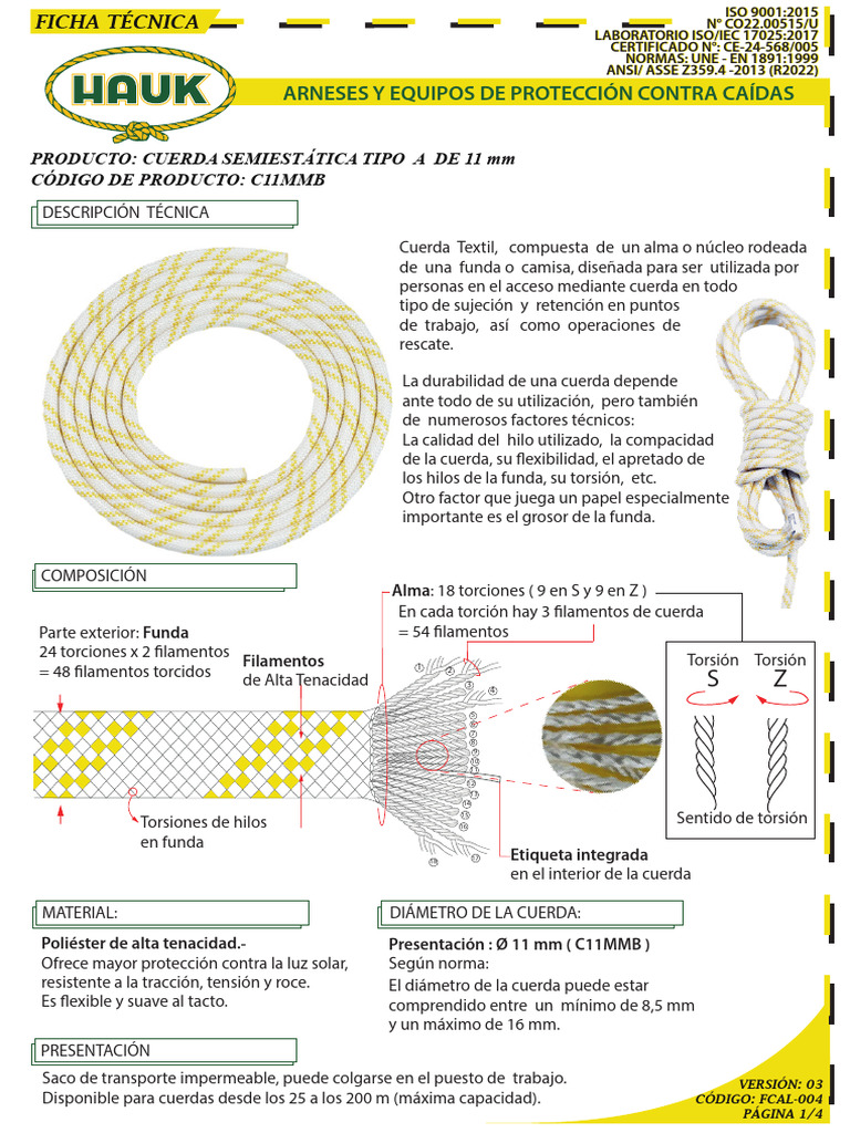 Cuerda Semiestática BENIMELI EN-1891 Tipo A, 11 Mm, 50 M, Poliamida/nylon, Resistencia 31,20 KN, Fabricada En España