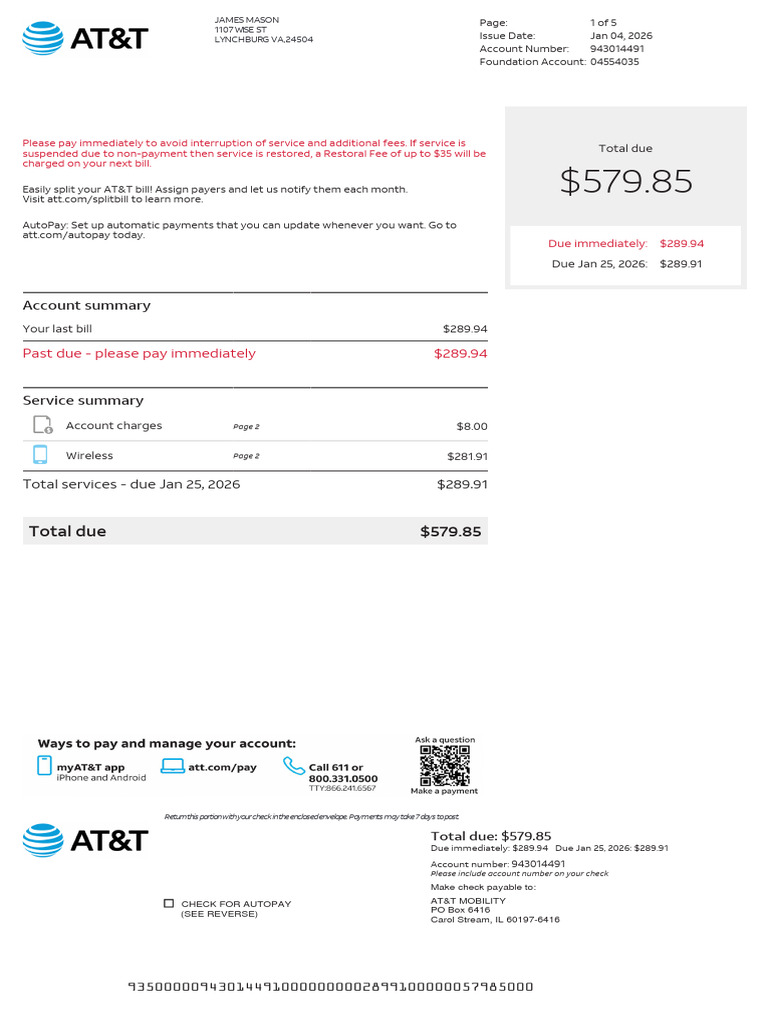 AT&T Bill Summary and Payment Details | PDF | Service Industries | Money