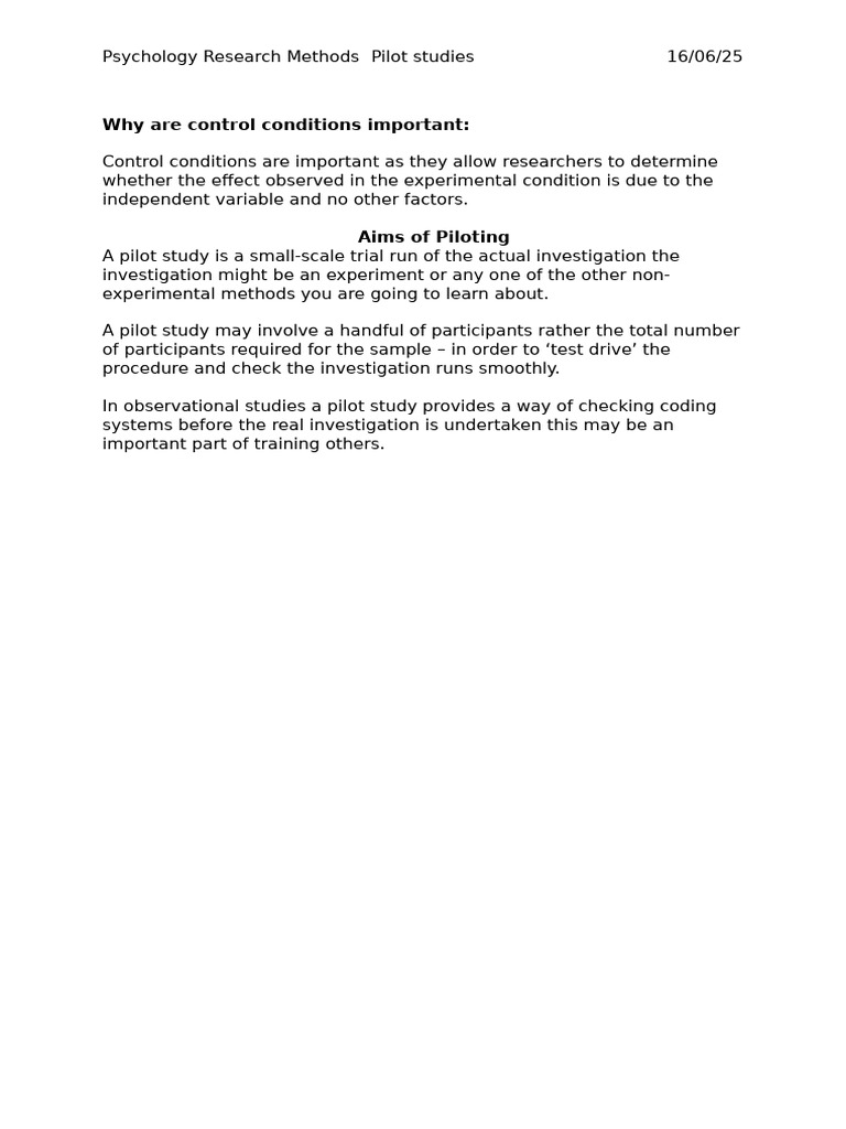 Importance of Pilot Studies in Psychology | PDF