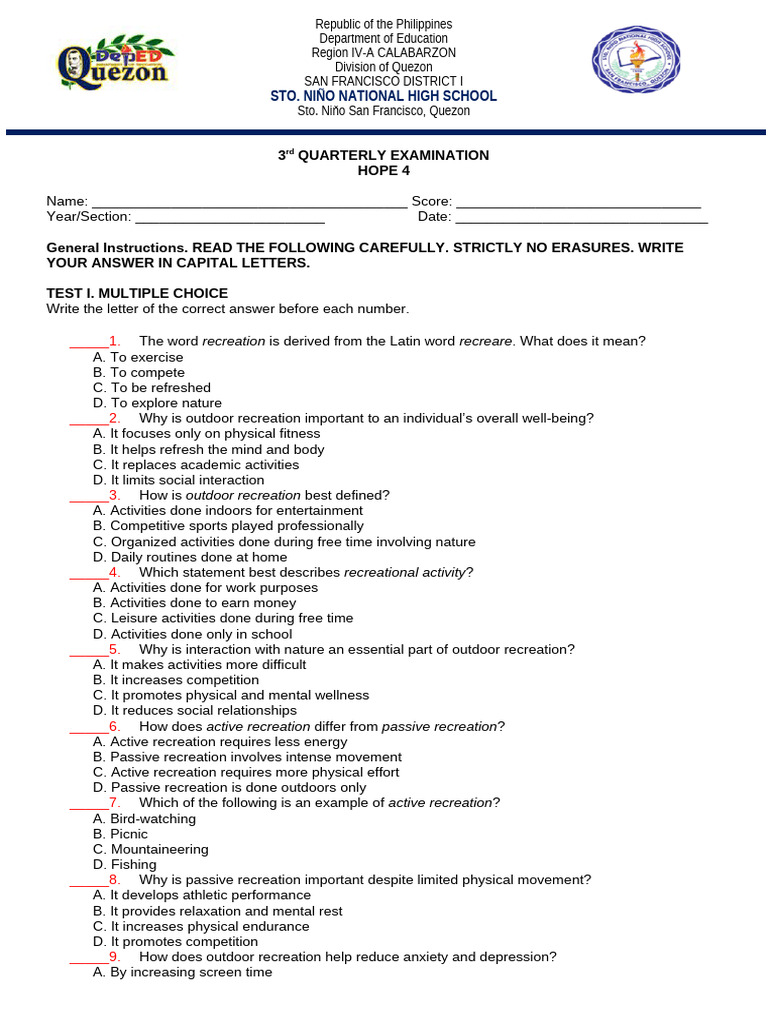 3rd Quarter Exam on Outdoor Recreation | PDF | Outdoor Recreation ...