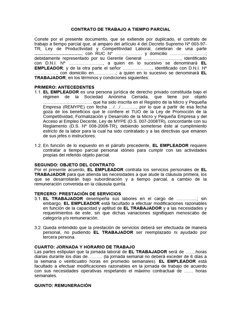 Contrato de Trabajo a Tiempo Parcial | PDF | Derecho laboral | Tiempo ...