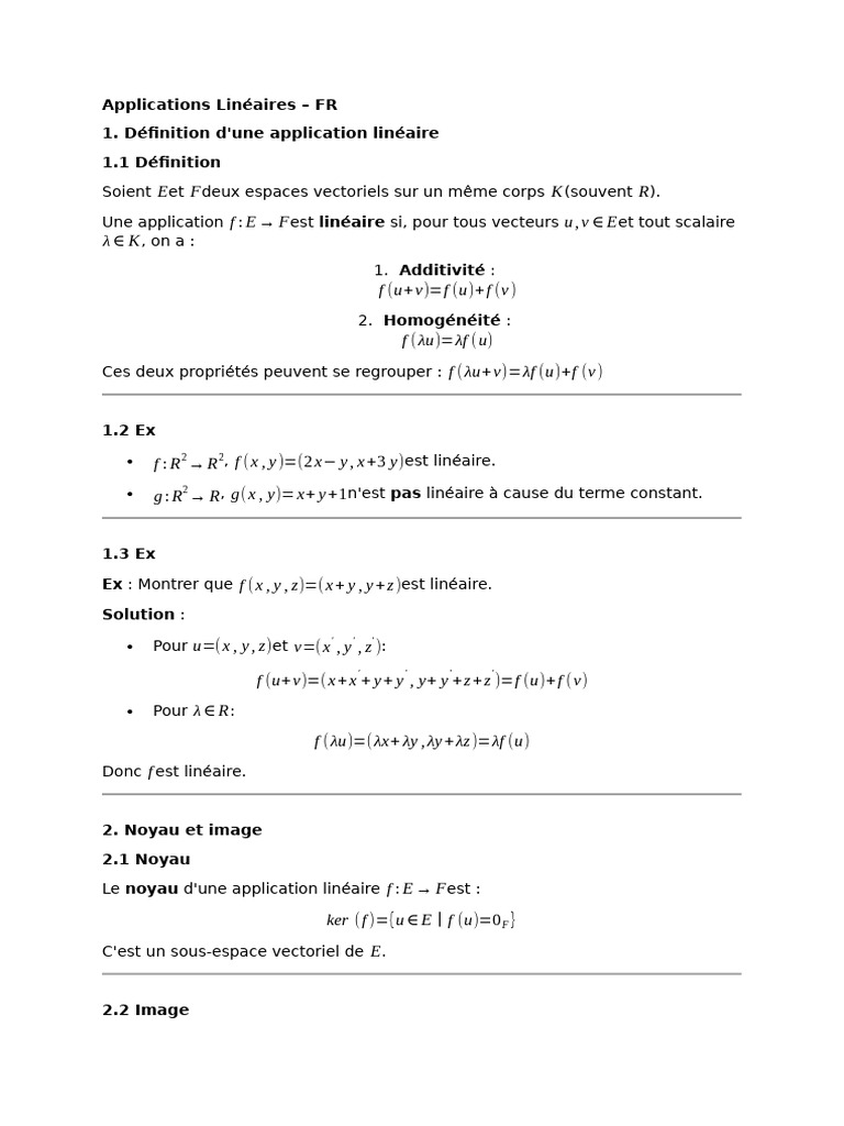 Applications Linéaires : Définition et Propriétés | PDF | Base (algèbre ...