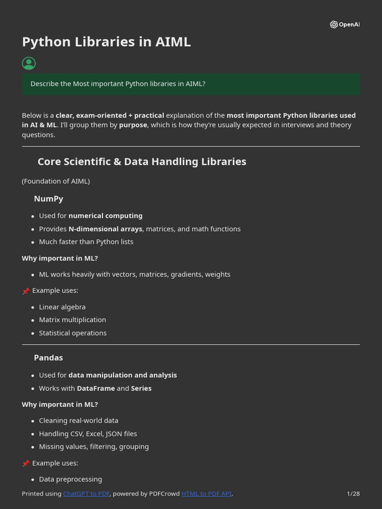 Essential Python Libraries for AIML | PDF | Machine Learning | Matrix ...