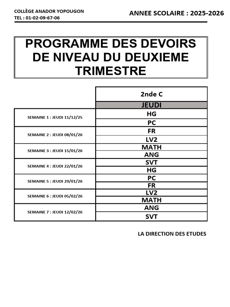 Programme des Devoirs 2nde C 2025-2026 | PDF