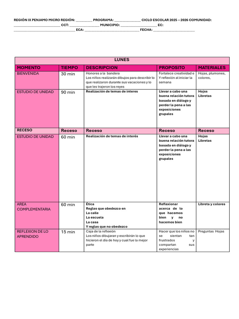 Plan de Clases Semanal 2025-2026 | PDF
