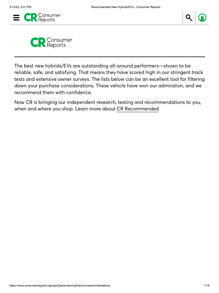 Recommended New Hybrids_EVs - Consumer Reports | PDF | Hybrid Electric ...