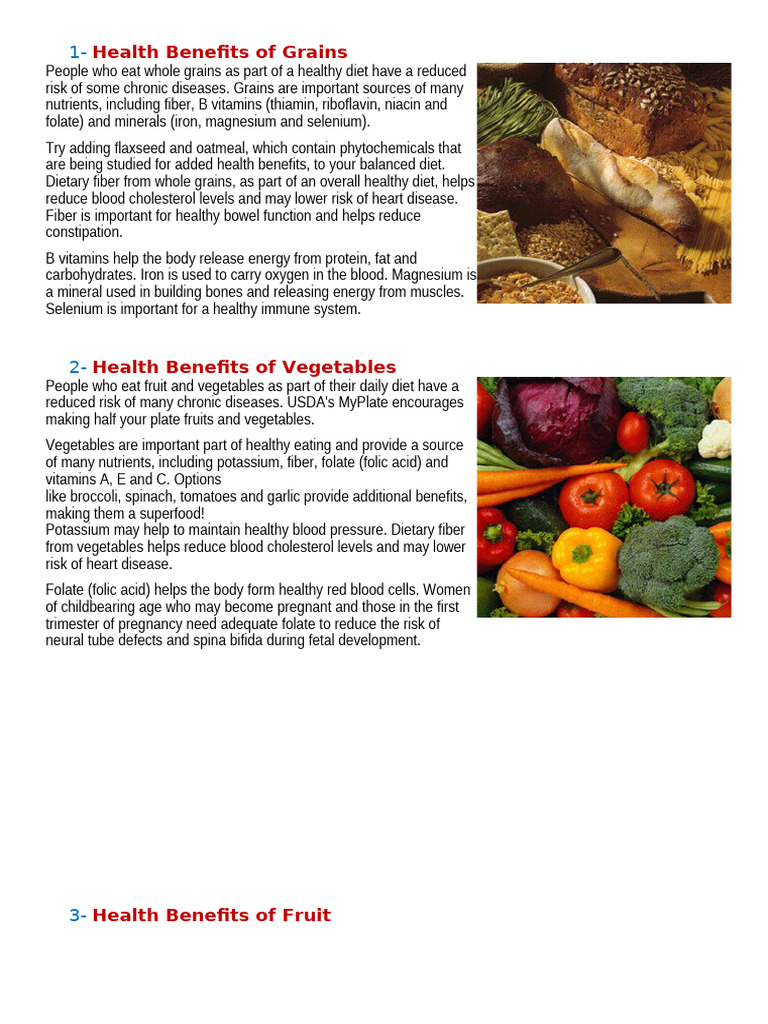 Health Benefits of Grains, Veggies, Fruits, Protein & Dairy | PDF ...
