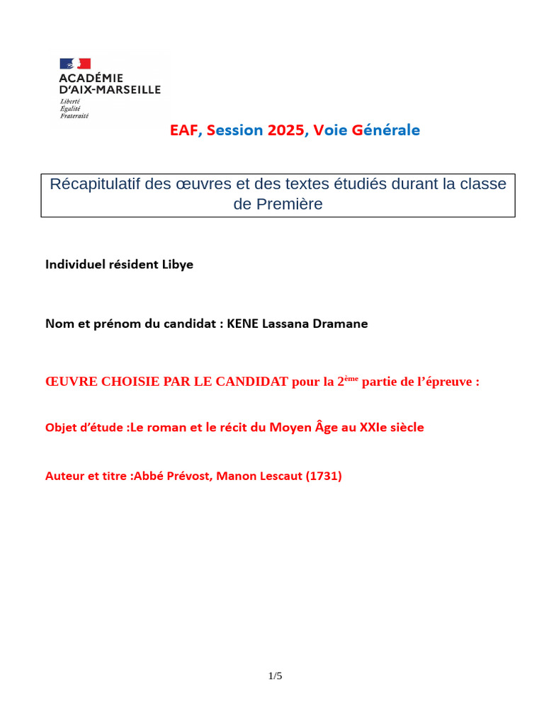 Récapitulatif EAF 2025 : Littérature | PDF
