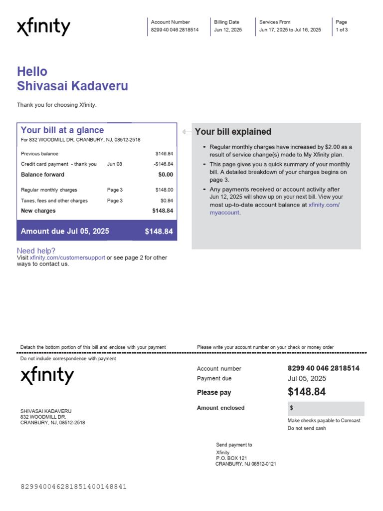 Xfinity Bill Summary for Shivasai Kadaveru | PDF | Payments | Service ...
