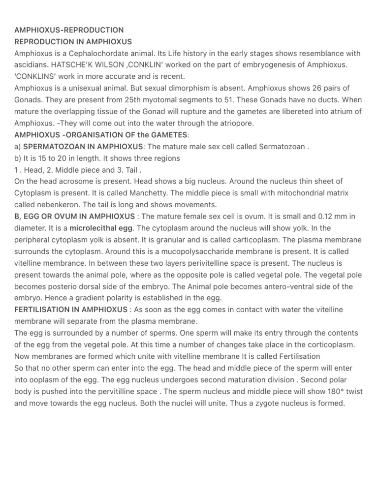 Amphioxus Reproduction | PDF | Fertilisation | Egg