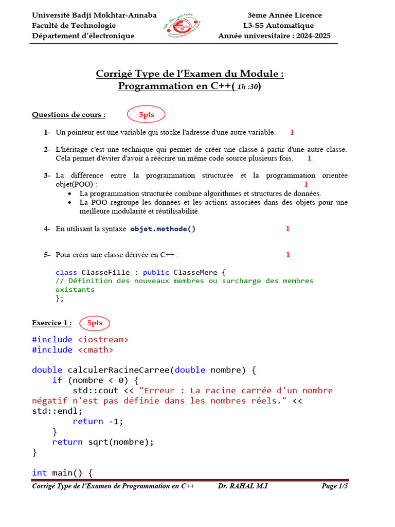 Corrigé Examen Programmation C++ 2024 | PDF | C ++ | Informatique