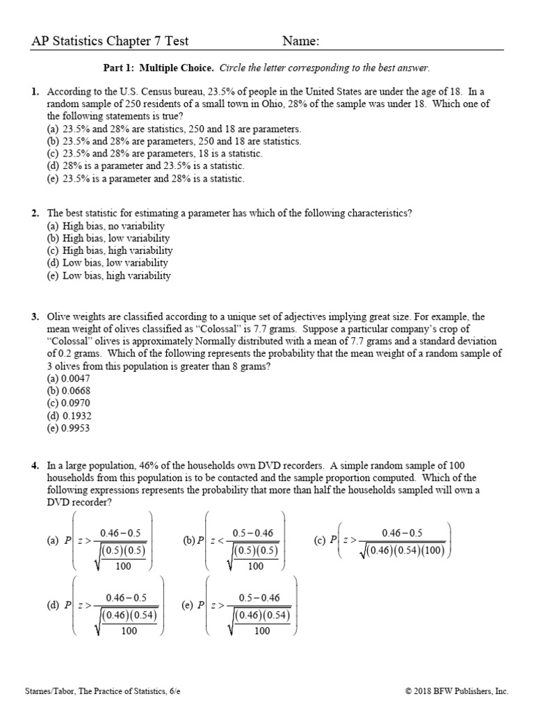 Chapter 7 Test ap statisticssssssssssssss | PDF | Variance | Standard ...