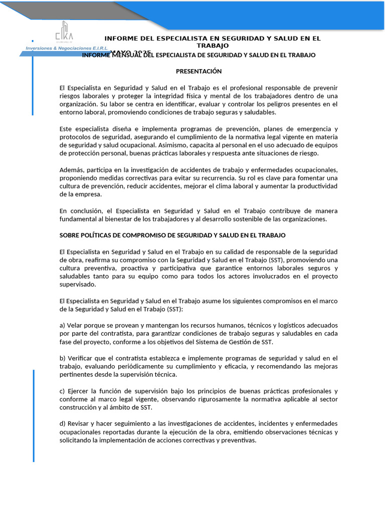 Informe Mensual de Seguridad Laboral 2025 | PDF | Seguridad y salud ...