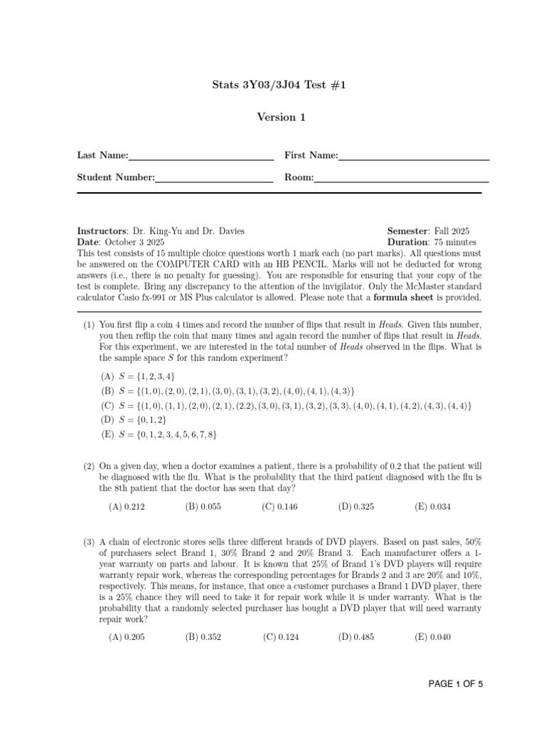 Stats Test #1: Probability & Statistics | PDF